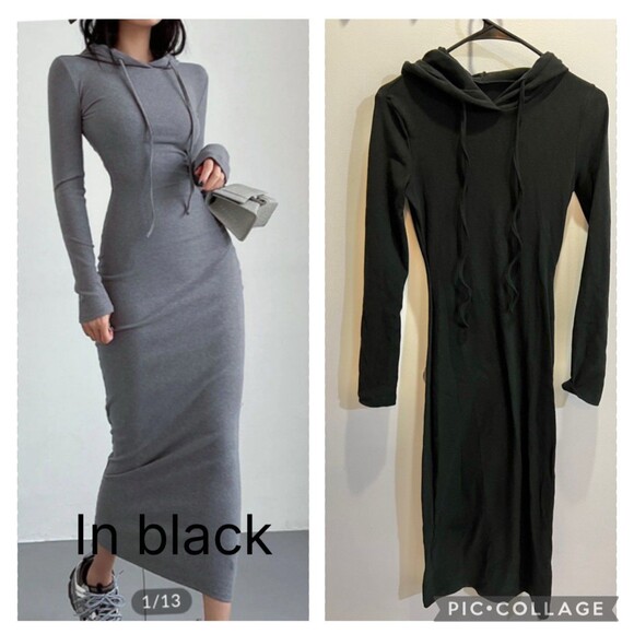 Commense NWT Women Black Drop Shoulder Drawstring Hooded Dress Loungewear Chic - Picture 3 of 12